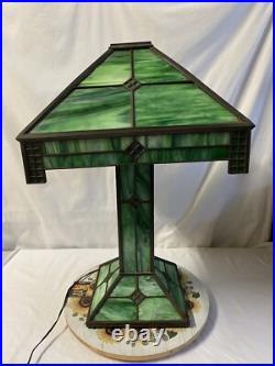 Antique Green Slag Glass Arts & Crafts Mission Style Lamp Tiffany Style READ