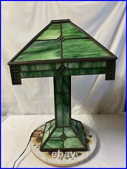 Antique Green Slag Glass Arts & Crafts Mission Style Lamp Tiffany Style READ Antique Green Slag Glass Arts & Crafts Mission Style Lamp Tiffany Style READ
