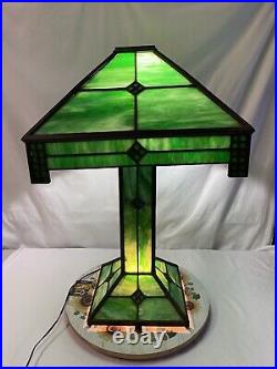 Antique Green Slag Glass Arts & Crafts Mission Style Lamp Tiffany Style READ Antique Green Slag Glass Arts & Crafts Mission Style Lamp Tiffany Style READ