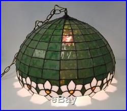 Antique Green Slag Glass Hanging Lamp Light