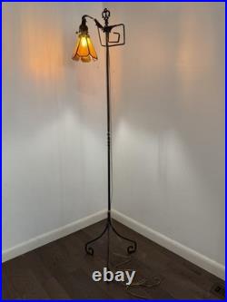 Antique Hand Hammered Wrought Iron Arts & Crafts Floor Lamp with Slag Glass Shade