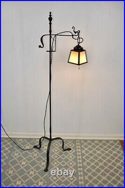 Antique Hand Hammered Wrought Iron Arts & Crafts Floor Lamp with Slag Glass Shade