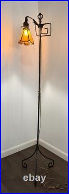 Antique Hand Hammered Wrought Iron Arts & Crafts Floor Lamp with Slag Glass Shade