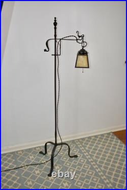 Antique Hand Hammered Wrought Iron Arts & Crafts Floor Lamp with Slag Glass Shade