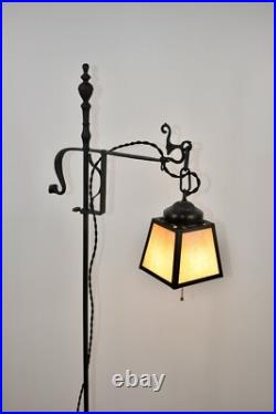 Antique Hand Hammered Wrought Iron Arts & Crafts Floor Lamp with Slag Glass Shade