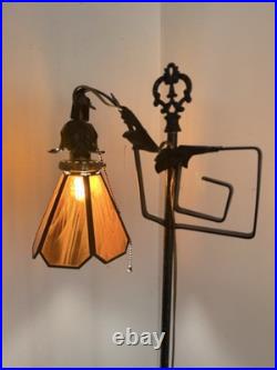 Antique Hand Hammered Wrought Iron Arts & Crafts Floor Lamp with Slag Glass Shade