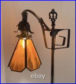 Antique Hand Hammered Wrought Iron Arts & Crafts Floor Lamp with Slag Glass Shade