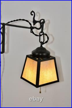 Antique Hand Hammered Wrought Iron Arts & Crafts Floor Lamp with Slag Glass Shade