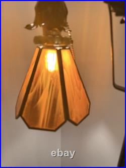 Antique Hand Hammered Wrought Iron Arts & Crafts Floor Lamp with Slag Glass Shade