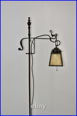 Antique Hand Hammered Wrought Iron Arts & Crafts Floor Lamp with Slag Glass Shade