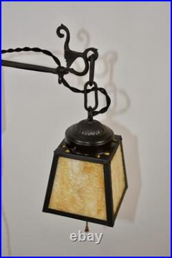 Antique Hand Hammered Wrought Iron Arts & Crafts Floor Lamp with Slag Glass Shade