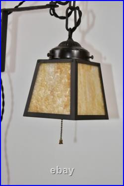 Antique Hand Hammered Wrought Iron Arts & Crafts Floor Lamp with Slag Glass Shade