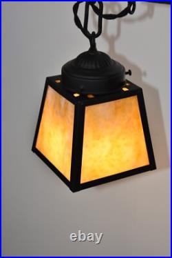 Antique Hand Hammered Wrought Iron Arts & Crafts Floor Lamp with Slag Glass Shade