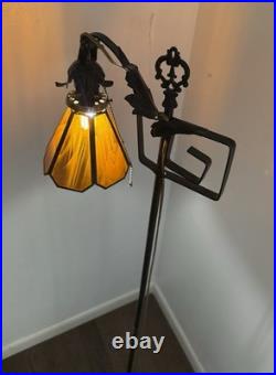Antique Hand Hammered Wrought Iron Arts & Crafts Floor Lamp with Slag Glass Shade