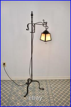 Antique Hand Hammered Wrought Iron Arts & Crafts Floor Lamp with Slag Glass Shade