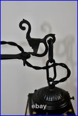 Antique Hand Hammered Wrought Iron Arts & Crafts Floor Lamp with Slag Glass Shade