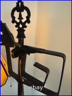 Antique Hand Hammered Wrought Iron Arts & Crafts Floor Lamp with Slag Glass Shade