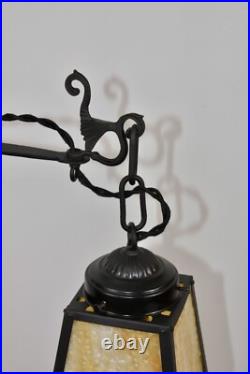 Antique Hand Hammered Wrought Iron Arts & Crafts Floor Lamp with Slag Glass Shade