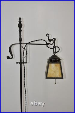 Antique Hand Hammered Wrought Iron Arts & Crafts Floor Lamp with Slag Glass Shade