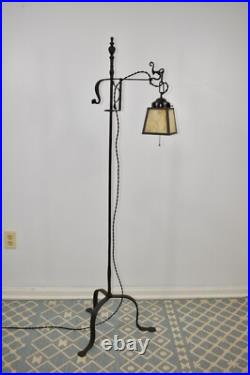 Antique Hand Hammered Wrought Iron Arts & Crafts Floor Lamp with Slag Glass Shade