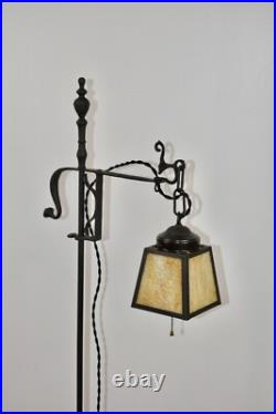 Antique Hand Hammered Wrought Iron Arts & Crafts Floor Lamp with Slag Glass Shade