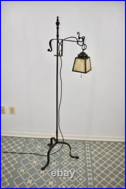 Antique Hand Hammered Wrought Iron Arts & Crafts Floor Lamp with Slag Glass Shade