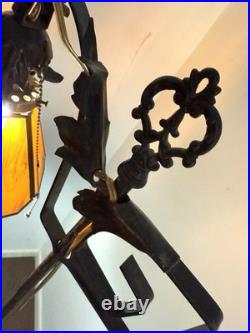 Antique Hand Hammered Wrought Iron Arts & Crafts Floor Lamp with Slag Glass Shade