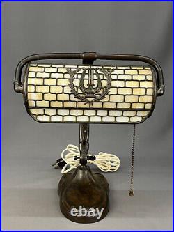 Antique Handel Adjustable Slag Glass Gooseneck Desk / Piano Lamp
