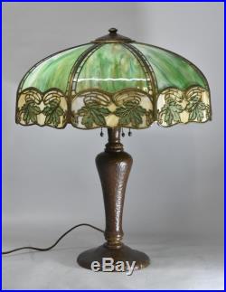 Antique Handel Bent Slag Glass Panel Table Lamp Hubbell Sockets Grape Leaf