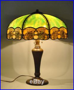 Antique Handel Bent Slag Glass Panel Table Lamp Hubbell Sockets Grape Leaf