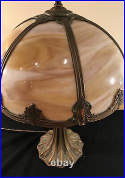 Antique Handel Era Arts & Crafts Table Lamp Light Bent Curved Slag Glass Shade