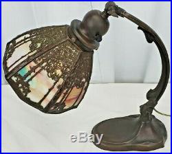 Antique Handel Pine Tree Sunrise landscape desk lamp, Slag Glass Shade with Bronze