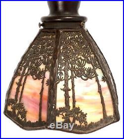 Antique Handel Pine Tree Sunrise landscape desk lamp, Slag Glass Shade with Bronze