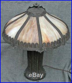 Antique Handel Style Slag Glass Lamp Patinated Tree Trunk Base Moulded Shade 18