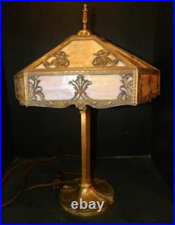 Antique High Quality 6 Sided Slag Glass Filigreed Paneled Lamp 22x12x12 Excel