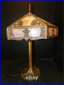 Antique High Quality 6 Sided Slag Glass Filigreed Paneled Lamp 22x12x12 Excel