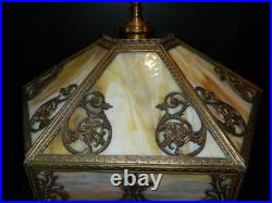 Antique High Quality 6 Sided Slag Glass Filigreed Paneled Lamp 22x12x12 Excel