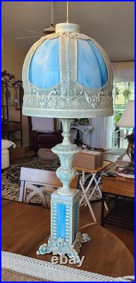 Antique Hollywood Regency Ornate Blue Slag Glass Lamp