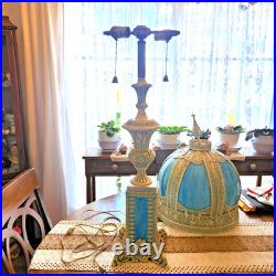 Antique Hollywood Regency Ornate Blue Slag Glass Lamp