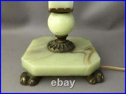 Antique Houze Brass & Vaseline Jadeite Uranium Slag Glass Akro Agate Table Lamp