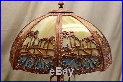 Antique Howard Miller Scenic Desert Palm Slag Glass Lamp Working Excellent