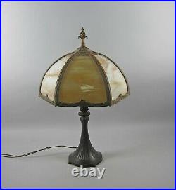 Antique Hubbard Slag Glass Table Lamp 6 Panel Signed Base Original Patina