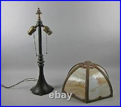 Antique Hubbard Slag Glass Table Lamp 6 Panel Signed Base Original Patina