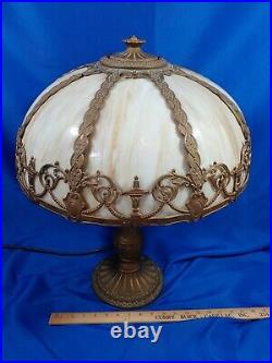 Antique Huge Art Nouveau 8 Panel Slag Glass Lamp Light Cast Metal Base Filigree