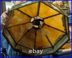 Antique Huge Slag Stained Glass Filigree Lady Hanging Lamp 8 Panel 24shade Deco