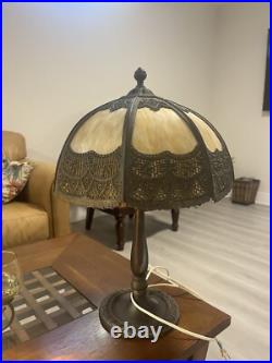 Antique Iron Olive Wreath Cattail Curved Caramel Slag Glass Panel Table Lamp