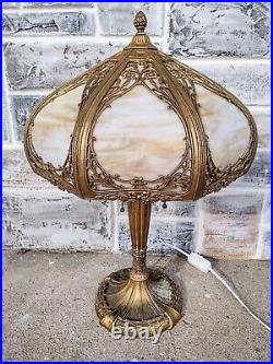 Antique Iron Olive Wreath Cattail Curved Caramel Slag Glass Panel Table Lamp