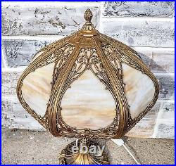 Antique Iron Olive Wreath Cattail Curved Caramel Slag Glass Panel Table Lamp