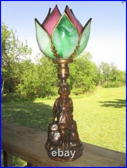 Antique JENNINGS BROS. Cast Metal Geisha Girl Lady Lamp & Slag Glass Tulip Shade