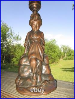 Antique JENNINGS BROS. Cast Metal Geisha Girl Lady Lamp & Slag Glass Tulip Shade